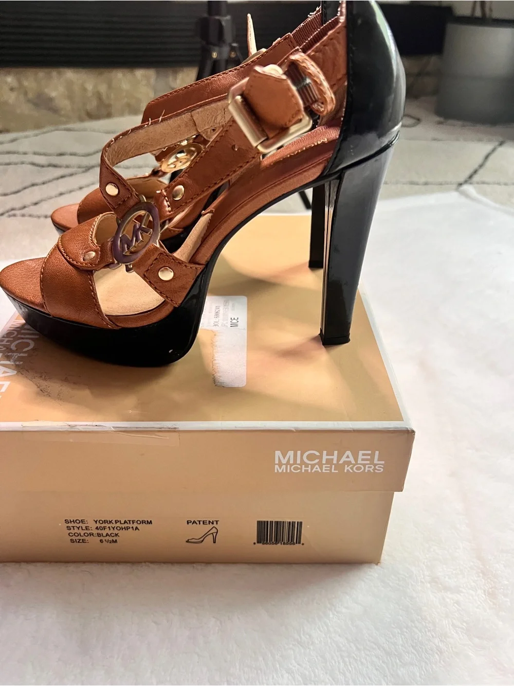 Michael Kors Tan Leather T-Strap Logo Heels